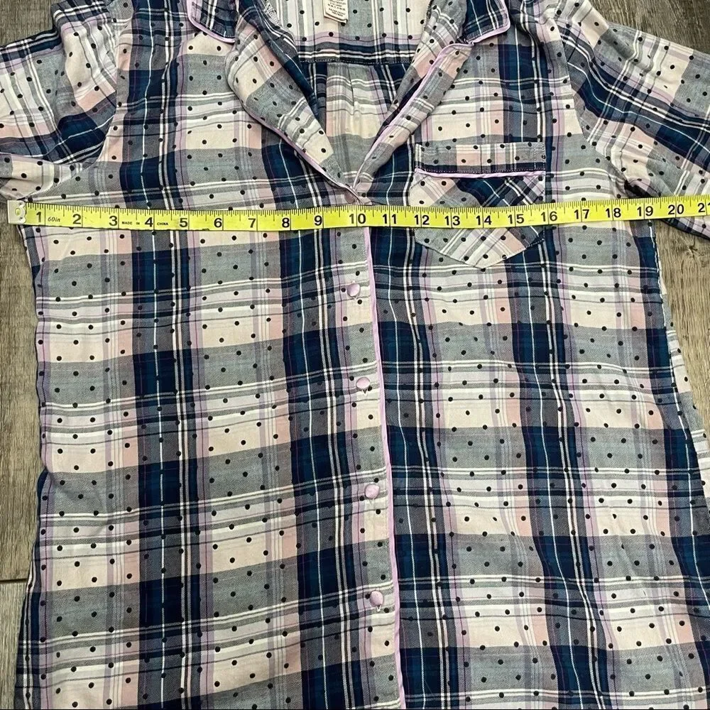 Victoria’s Secret Plaid Button Up Pajama Shirt Pink Lavender Blue Black Size XS